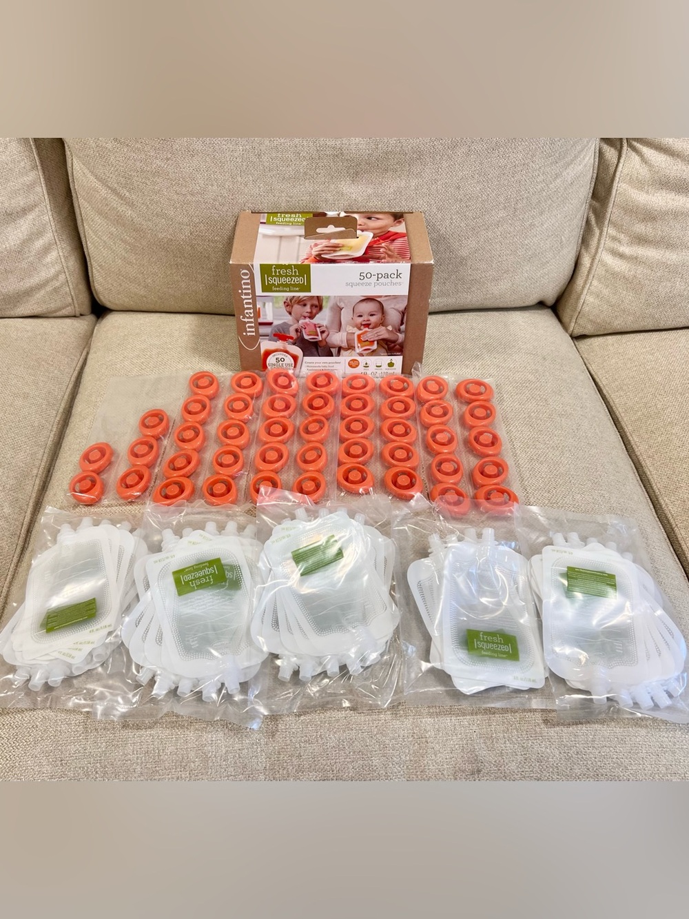 Infantino Fresh Squeezed Refillable Baby Food Pouches & Lids Lot of 45